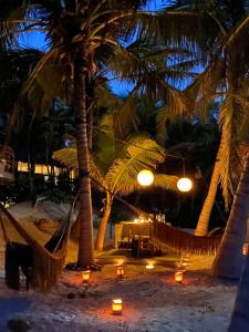 a hammock on a beach with palm trees at night at Casa Nalum in Tulum