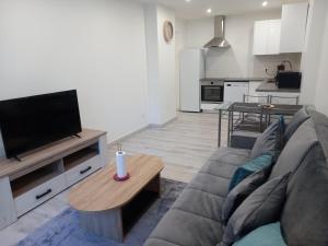salon z kanapą, telewizorem i stołem w obiekcie Appartement Standing Cœur d'Annecy w Annecy +2 zdjęcia