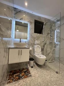 ein Badezimmer mit einem Waschbecken, einem WC und einem Spiegel in der Unterkunft Biraci Residence in Ksamil