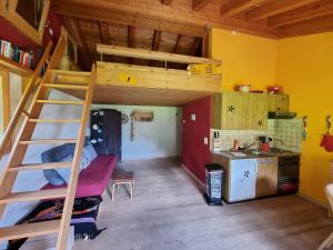 a room with a bunk bed and a kitchen at Cute attic apartment in the heart of the mountains in Münster