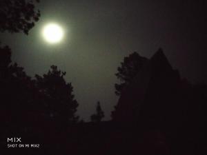 Una luna llena en el cielo con árboles en primer plano en Rancho Samadhi, en El Pacífico