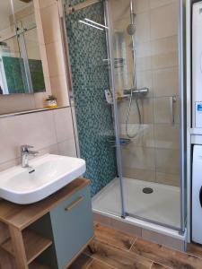 a bathroom with a sink and a shower at Mini-Apartment ruhig und verkehrsgünstig in Berlin in Berlin