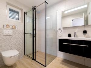 ein Badezimmer mit Dusche, Toilette und Waschbecken in der Unterkunft Seaside Cottage Maslina in Gdinj + 30 Fotos