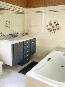 a bathroom with a sink and a large tub at Les 3 Gamins in Boussac