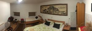 um quarto com um quarto com uma cama e uma secretária em Prenoćište Gany em Jajce