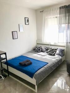 1 dormitorio con cama con sábanas azules y ventana en Studio Apartman Bruna-Liznjan, Medulin, en Ližnjan
