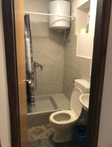 uma casa de banho com um WC, um chuveiro e um lavatório. em Prenoćište Gany em Jajce