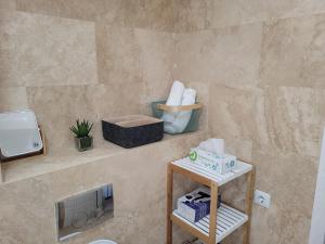 uma casa de banho com uma prateleira e produtos de higiene pessoal em Lovely Apartment Near City Center (w/ Parking) em Cluj-Napoca