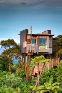 una casa en un árbol con terraza en una colina en Hapuku Lodge & Tree Houses en Hapuku