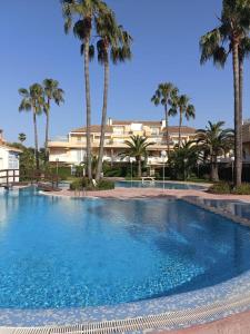 een groot zwembad met palmbomen voor een gebouw bij Dúplex Jardines de Denia I in Denia