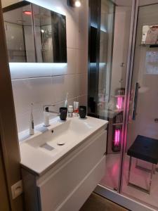 a bathroom with a white sink and a shower at Chalet au bois d'Ourthe in Somme-Leuze +15 photos