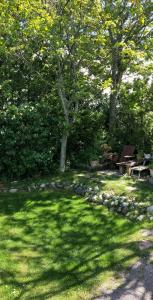 a park with a bench and trees and grass at De Berin in Westhoek