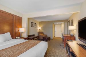 a hotel room with a bed and a desk and a television at Comfort Inn & Suites SW Houston Sugarland in Houston