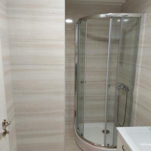 a shower with a glass door in a bathroom at Apartman Centar Bar in Bar