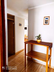 a table with a potted plant on it in a room at Departamentos Bellavista La Alborada Huaraz in Huaraz