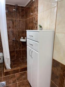 uma casa de banho com um armário branco e um chuveiro em Apartmani Bambi Sokobanja em Sokobanja