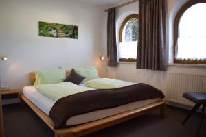 Bett in einem Zimmer mit 2 Fenstern in der Unterkunft Ferienwohnung Seethaler in Thiersee