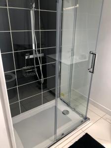 een douche met een glazen deur in de badkamer bij Maison de ville au coeur de Ribérac in Ribérac