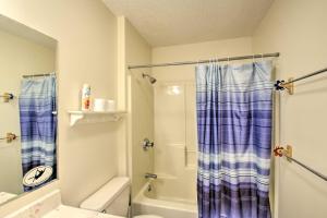 a bathroom with a shower curtain and a toilet at 17-Seat Home Theater, Hot Tub, Huge Game Room! in Massanutten +34 photos