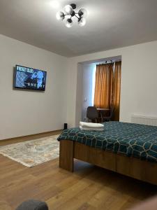 - une chambre avec un lit et une télévision murale dans l'établissement Medias Cozy Studio, à Mediaş