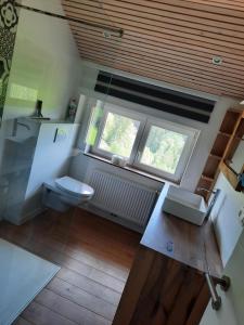 a bathroom with a toilet and two windows at Superbe Appart' Bois De Fagne in Malmedy +8 photos