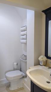 uma casa de banho branca com um WC e um lavatório em Greater London Villa em Chelsfield