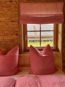 een slaapkamer met 2 roze kussens en een raam bij Chalet Bergliebe in Brilon