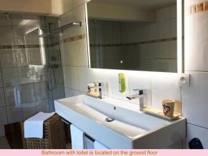 ein Bad mit einem Waschbecken und einer Dusche mit einem Spiegel in der Unterkunft Maison de la Sauer - Bed and Breakfast | Chambre d’hôtes | Ferienhaus in Munchhausen