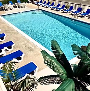 ein Pool mit blauen Liegestühlen und ein Resort in der Unterkunft Beach Colony Motel in Wildwood Crest