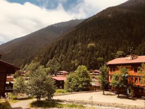 a resort with a mountain in the background at Uğur Motel in Uzungöl