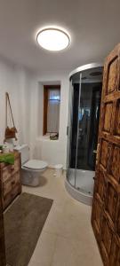 La salle de bains est pourvue d'une douche, de toilettes et d'un lavabo. dans l'établissement Acul în carul cu fan, à Pădurenii