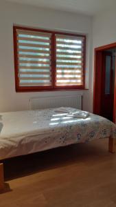 een bed in een slaapkamer met 2 ramen bij Casa Camelia in Sovata