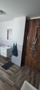 La salle de bains est pourvue d'une douche et d'un lavabo. dans l'établissement u Iwony na Kaszubach, à Nowa Wieś