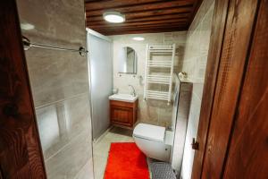 uma casa de banho com um WC, um lavatório e um chuveiro em Çamlıca Konak Çarsı em Saframbolu