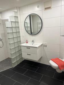 a white bathroom with a sink and a mirror at City Home2 in Metzingen +13 photos