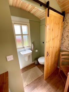 baño con aseo y lavabo y ventana en Stepping Stones Glamping ‘the olive’ en Bantry