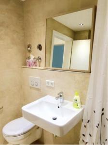 ein Badezimmer mit einem Waschbecken, einem WC und einem Spiegel in der Unterkunft FeWo "Im Birnaublick" in Konstanz