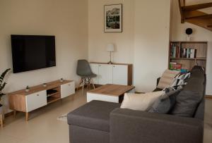a living room with a couch and a tv at Apartament Słoneczna Rapsodia in Rabka-Zdrój