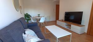 sala de estar con sofá azul y TV en Zárate 3G, en Portonovo