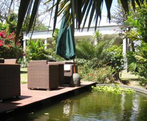 - un jardin avec un étang agrémenté d'un parasol et de fleurs dans l'établissement Villa Belle, à Saint-Pierre