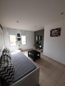 a bedroom with a bed and a table in it at FINCA NOVA Apartment 6 in Balcarce +12 photos