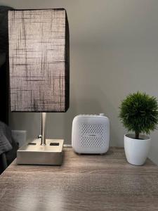 a table with a lamp and a speaker and a potted plant at Modern 1BD Studio Apt in Plaza Midwood with Community Pool in Charlotte