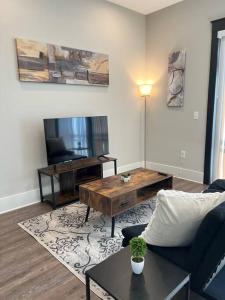 sala de estar con sofá y TV en Modern 1BD Studio Apt in Plaza Midwood with Community Pool, en Charlotte