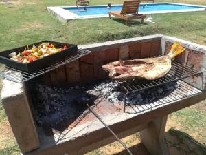 a chicken on a grill with a tray of vegetables at Soles de Alicia in Colón