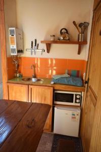 a small kitchen with a sink and a microwave at Hostal Ayni in San Pedro de Atacama