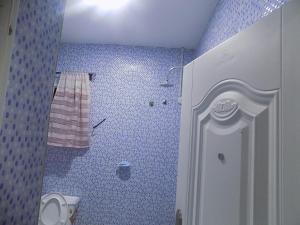 y baño azul con aseo y ducha. en Great Secured 1Bedroom Service Apartment ShortLet-FREE WIFI - Peter Odili RD - N29,000, en Port Harcourt
