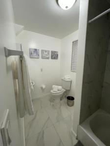 a white bathroom with a toilet and a shower at Guest house near Downtown Miami in Miami