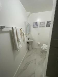 uma casa de banho branca com um lavatório e um WC em Guest house near Downtown Miami em Miami