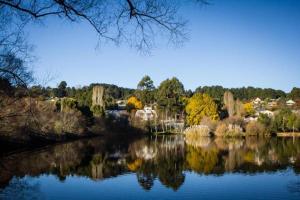 a view of a lake with trees and houses at Chestnut Daylesford in Daylesford