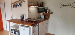 a kitchen with a counter top with a microwave at Paku Escape - Tairua Bach in Tairua